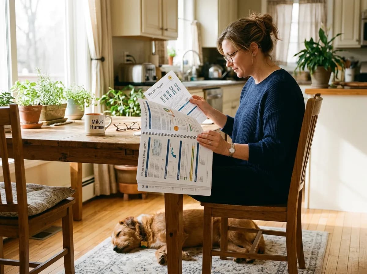 An owner reading a printed dog DNA health report at a kitchen table with a dog resting at their feet
