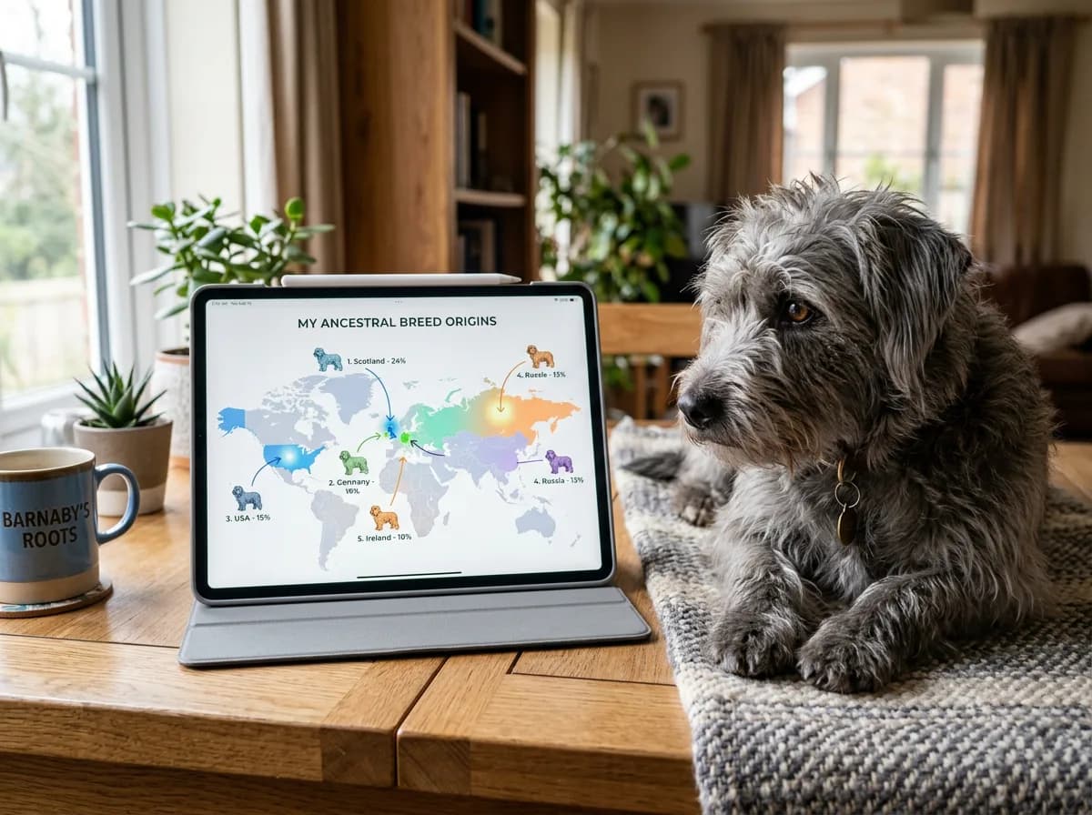 A tablet showing a world map of a dog's ancestral breed origins with a shaggy mixed-breed dog nearby