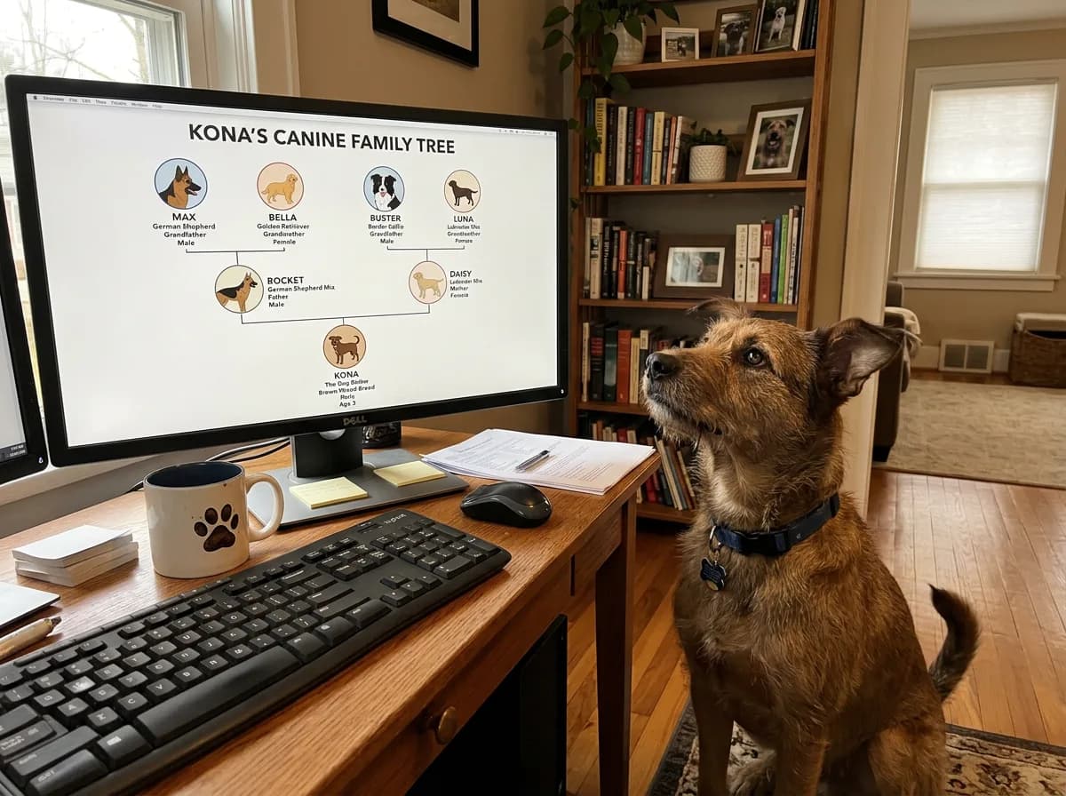 A monitor showing a three-generation dog family tree diagram with a brown mixed-breed dog in front of the desk