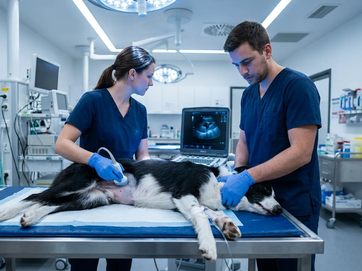 Veterinarian and technician performing an abdominal ultrasound on a sedated border collie
