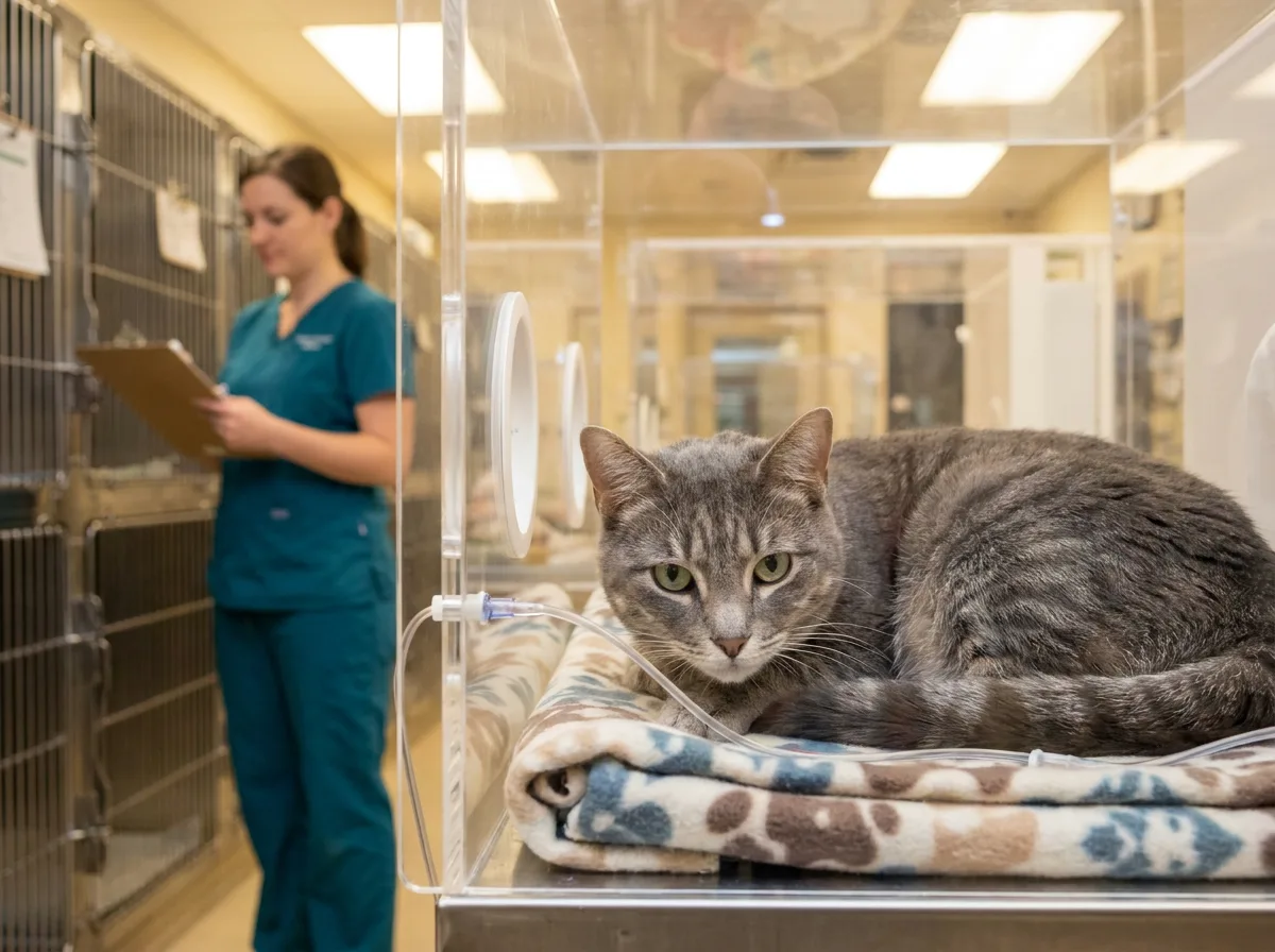 Gray tabby cat resting in a clear oxygen recovery kennel in a veterinary ICU ward