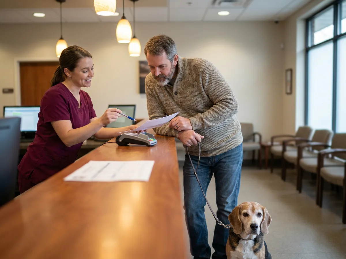 Dog owner reviewing a soft-focus invoice with a receptionist at a veterinary clinic front desk