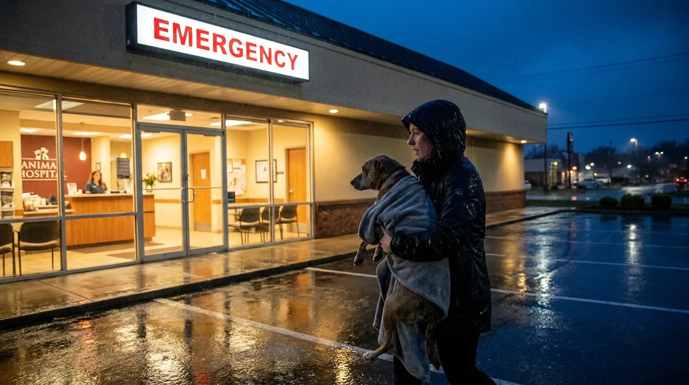 Woman carrying a blanket-wrapped dog toward an emergency animal hospital entrance at night