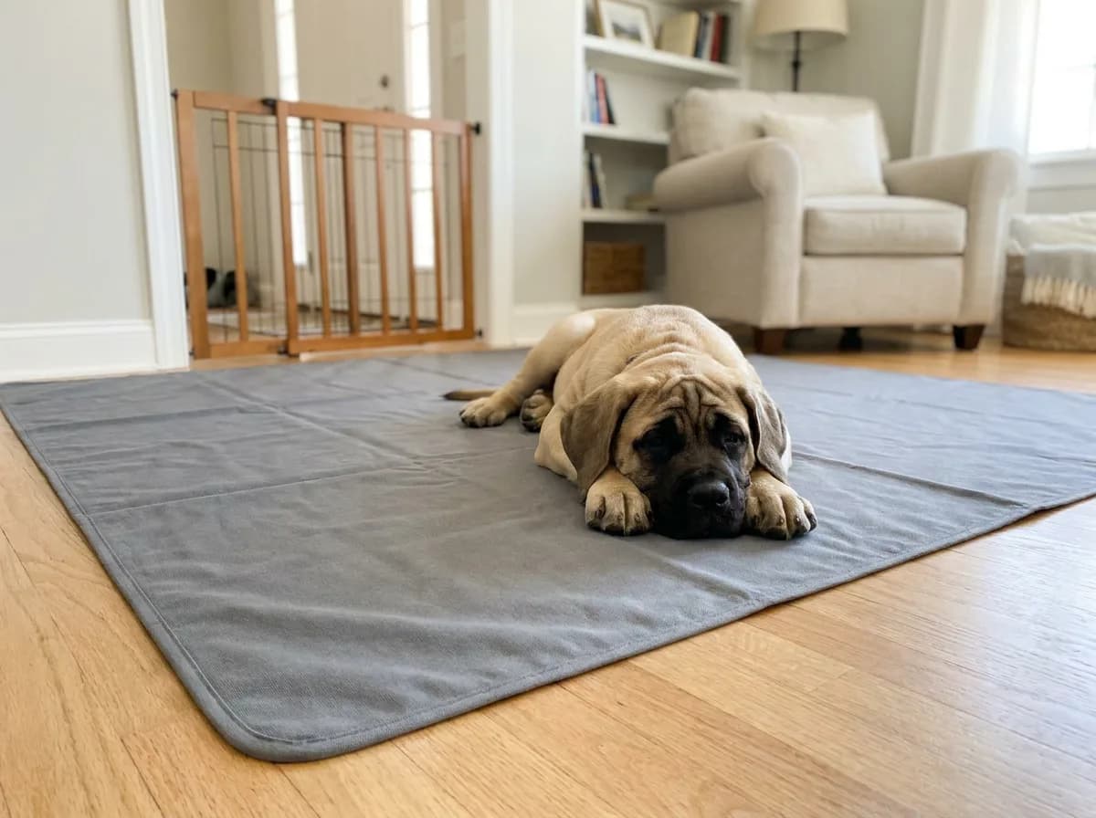 Fawn Mastiff puppy resting on a broad gray mat in a room with a gated doorway.