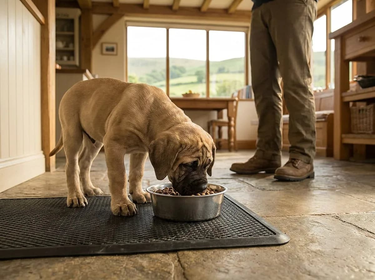 Fawn Mastiff puppy eating from a steel bowl on a dark floor mat with an adult nearby.