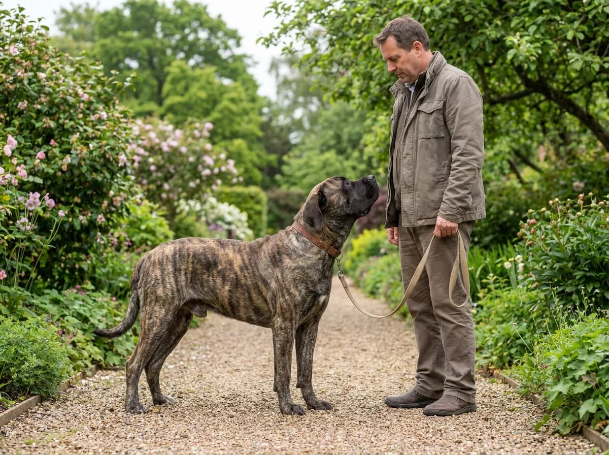 Brindle Mastiff looking up at an adult handler while standing on a loose lead.