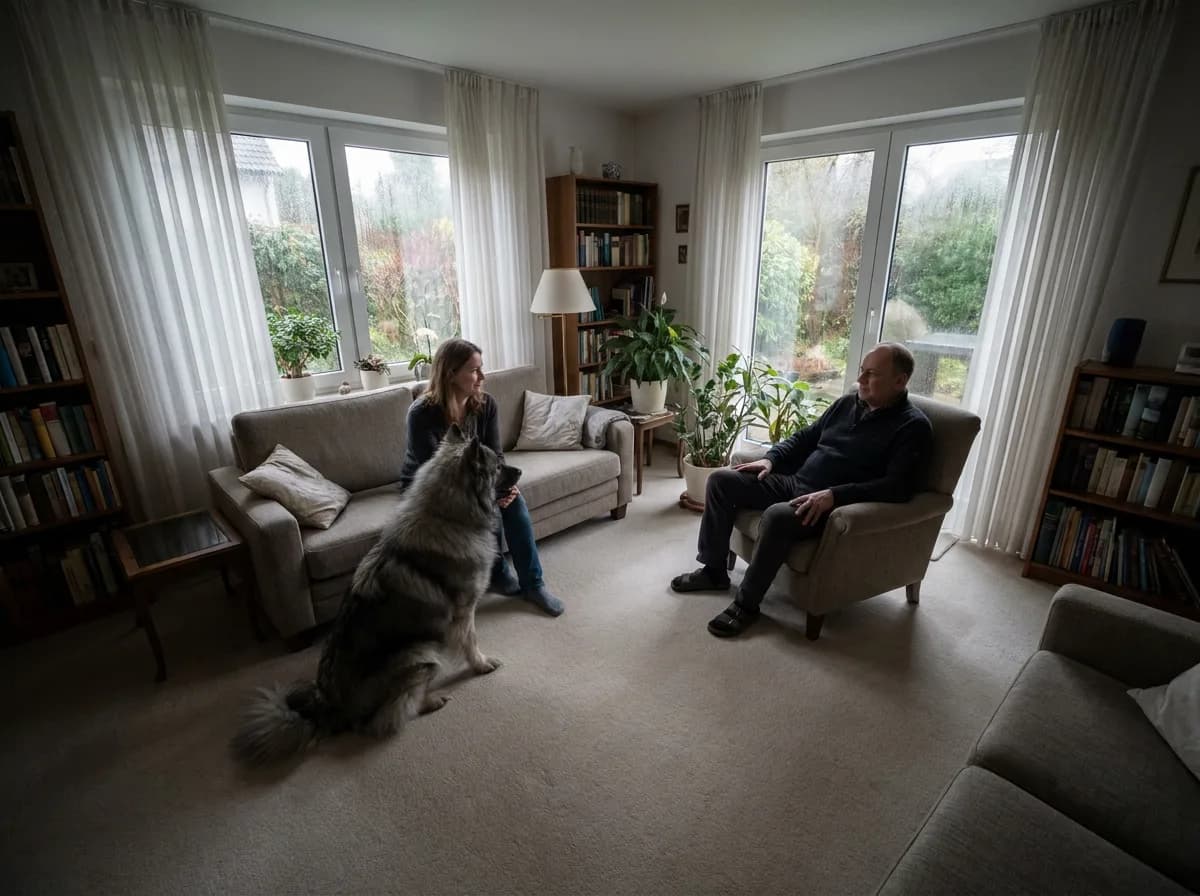 Gray Eurasier sitting near two adults in a living room