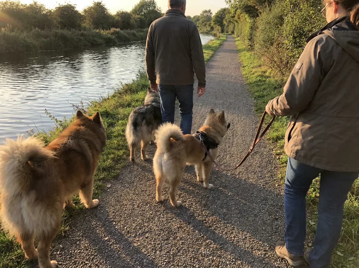 Caregivers walking three spitz-type dogs beside a canal
