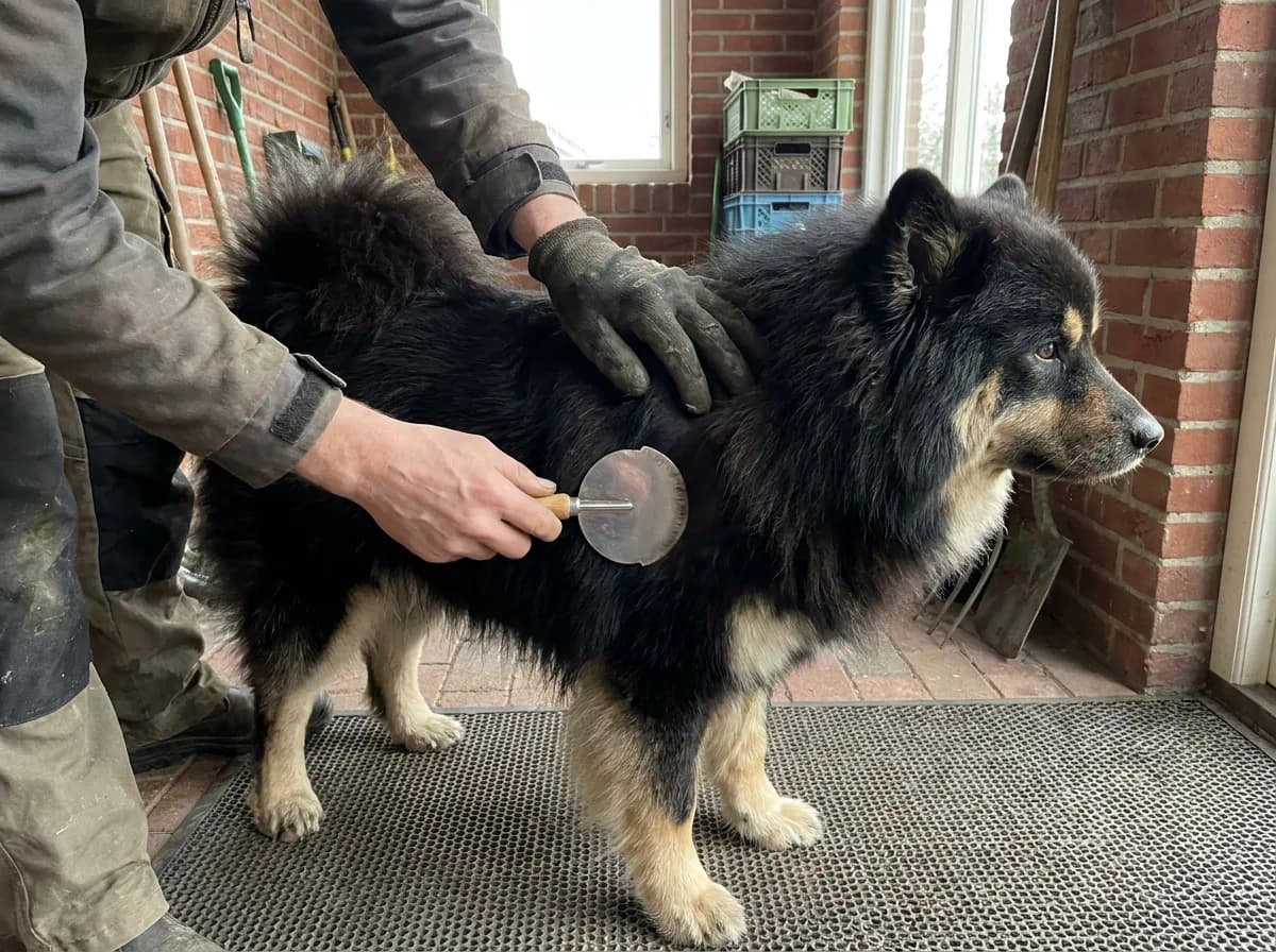 Caregiver brushing a black-and-tan Eurasier on a nonslip surface