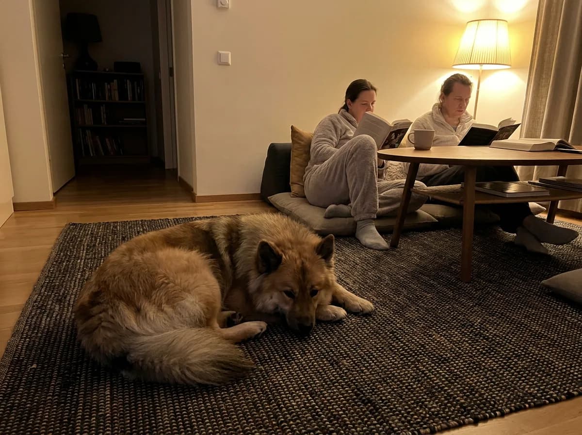Sable Eurasier resting near two adults reading