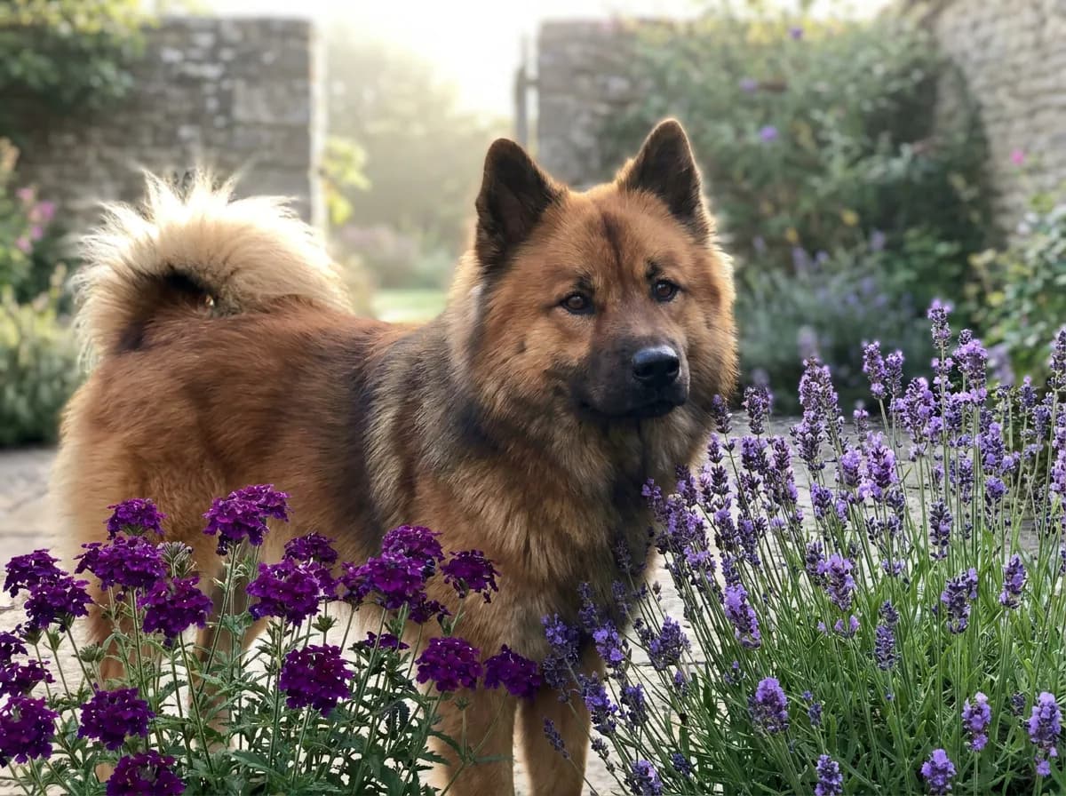 Red sable Eurasier standing beside flowering garden plants