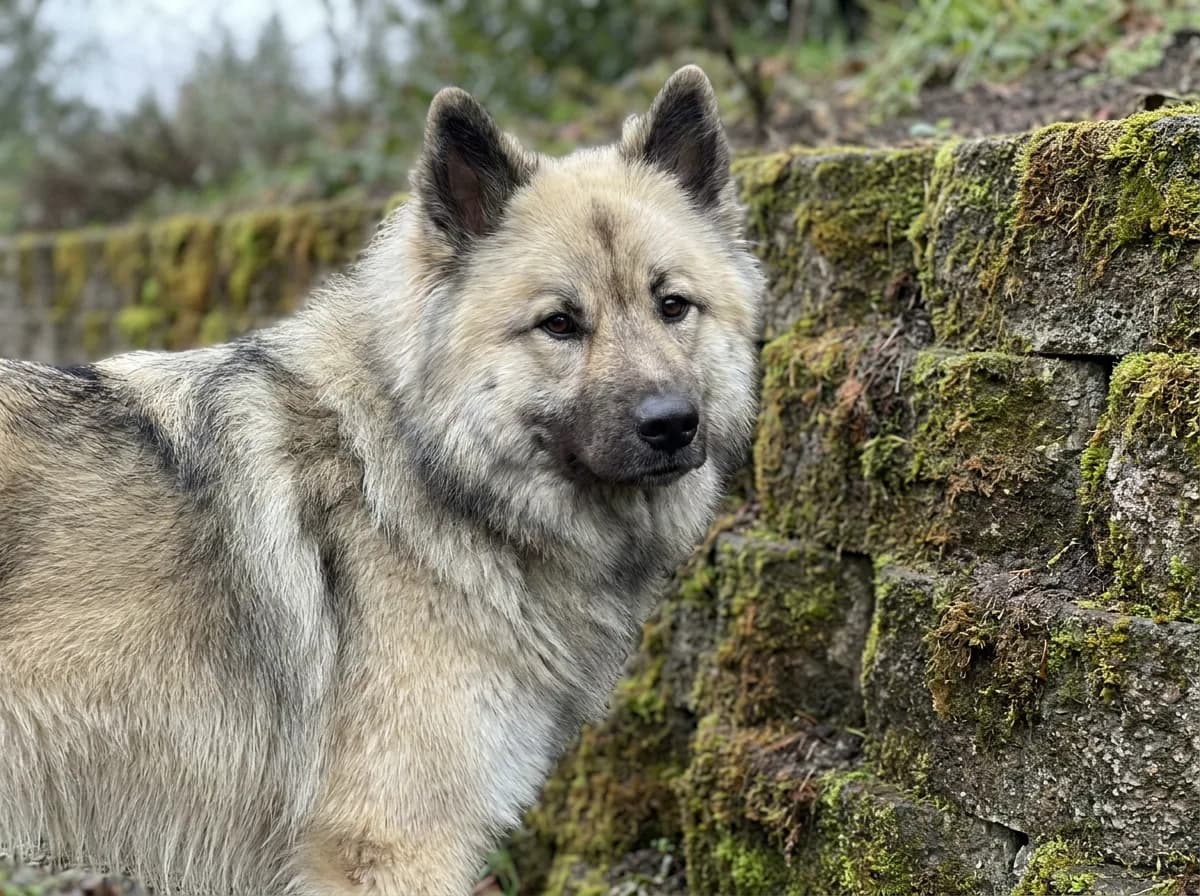 Wolf-gray Eurasier beside a mossy stone wall