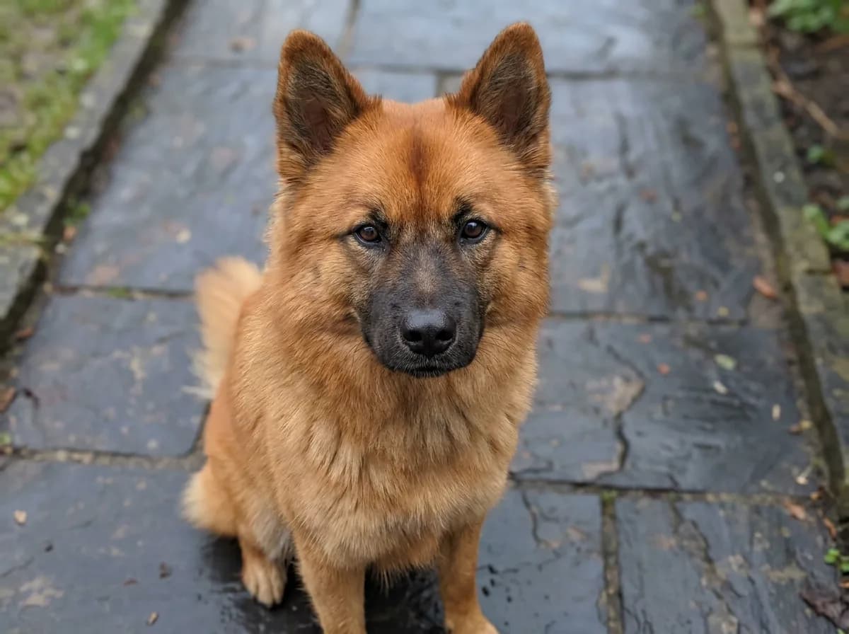 Red Eurasier with a dark facial mask sitting on a path