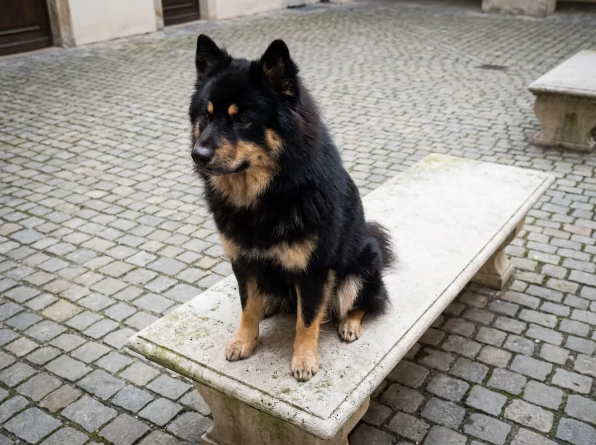 Black-and-tan Eurasier sitting on a low stone bench