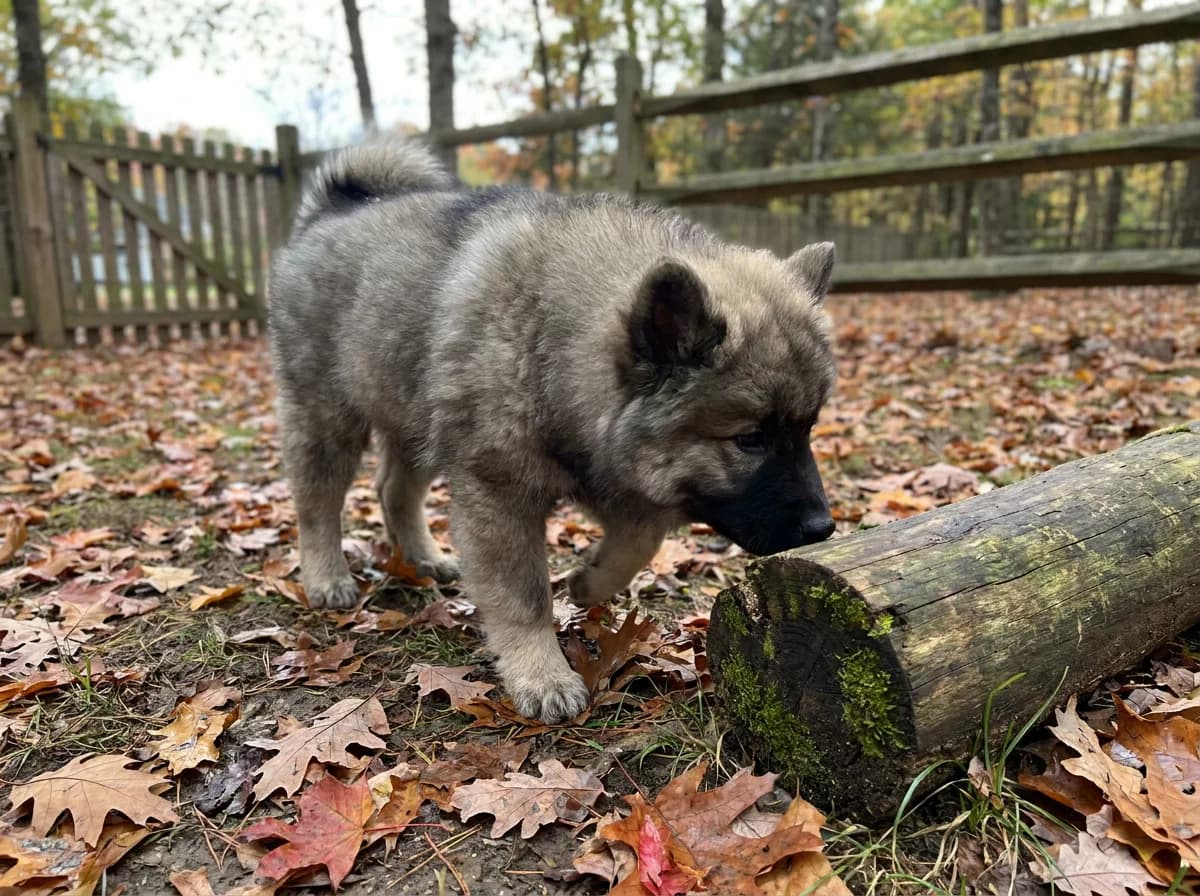 Gray sable puppy sniffing a fallen log