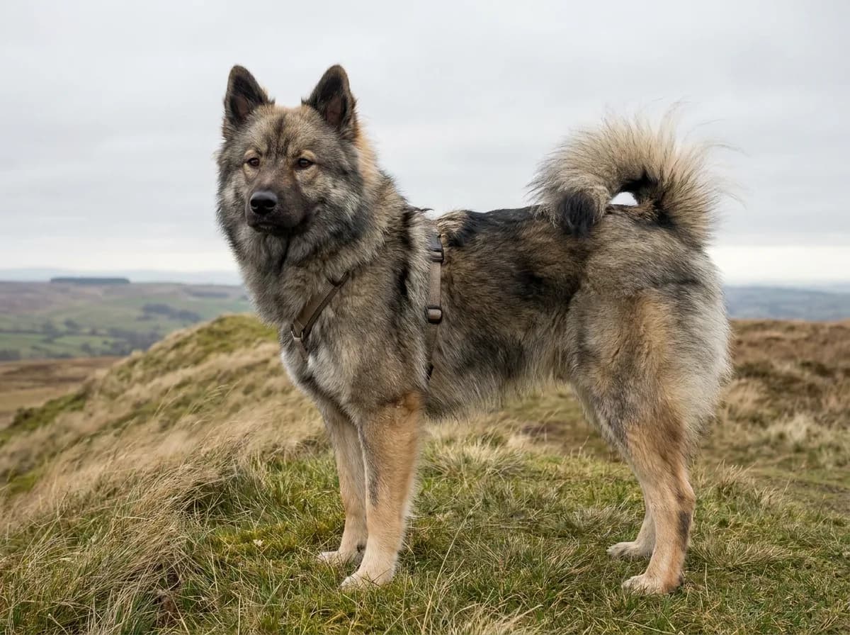 Gray sable Eurasier wearing a harness on a hillside