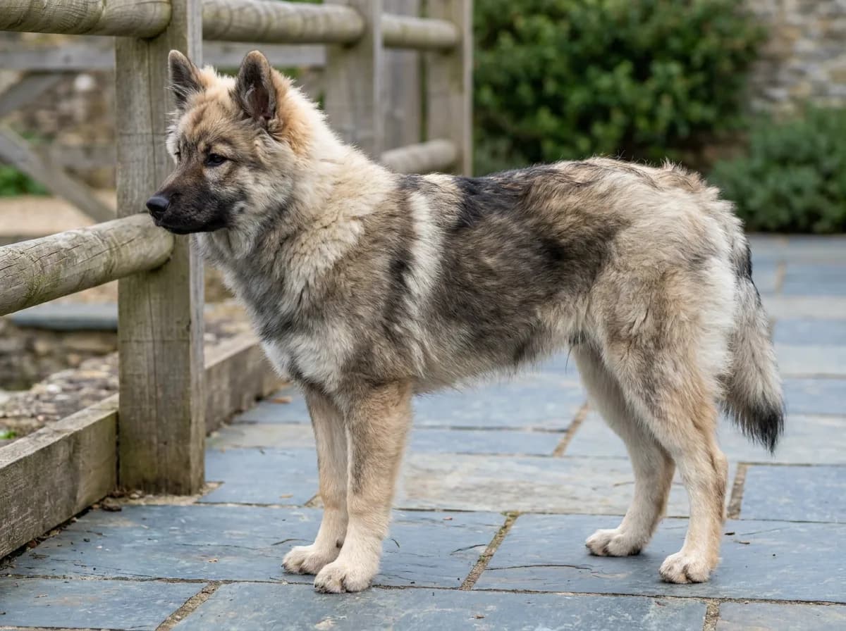 Gray spitz-type dog standing beside a wooden fence