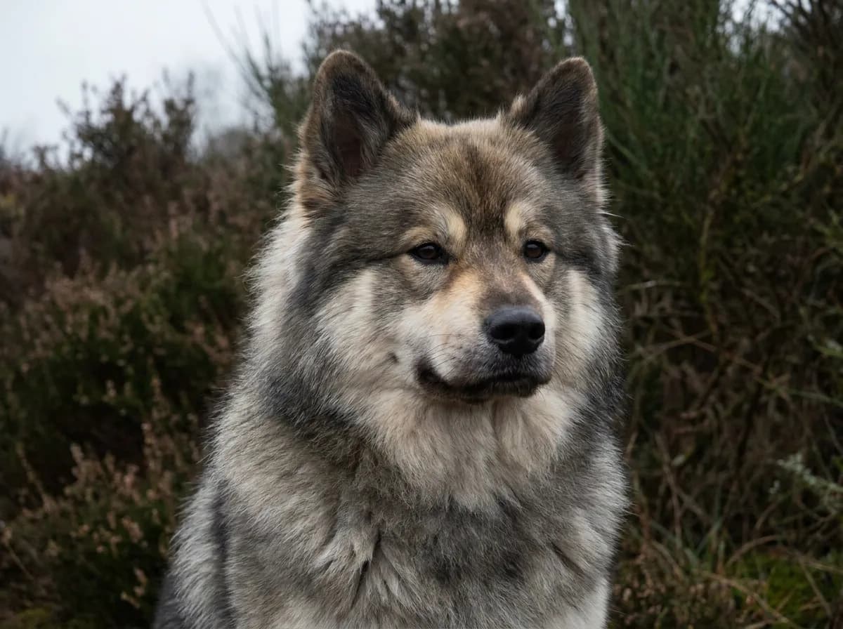 Close portrait of a gray Eurasier with pale muzzle markings