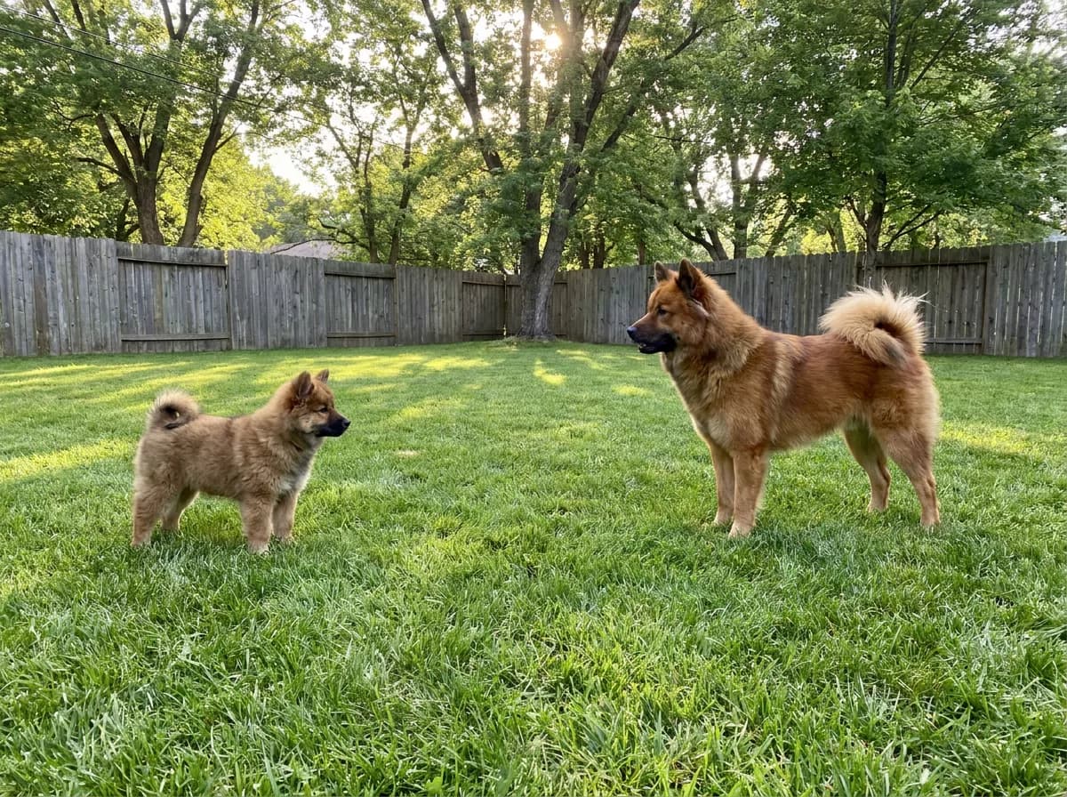 A Eurasier puppy and a separate adult standing in a fenced yard