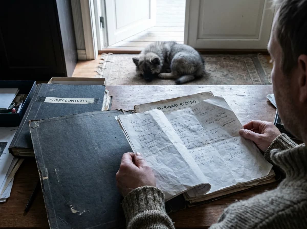 Adult reviewing puppy records while a puppy rests nearby
