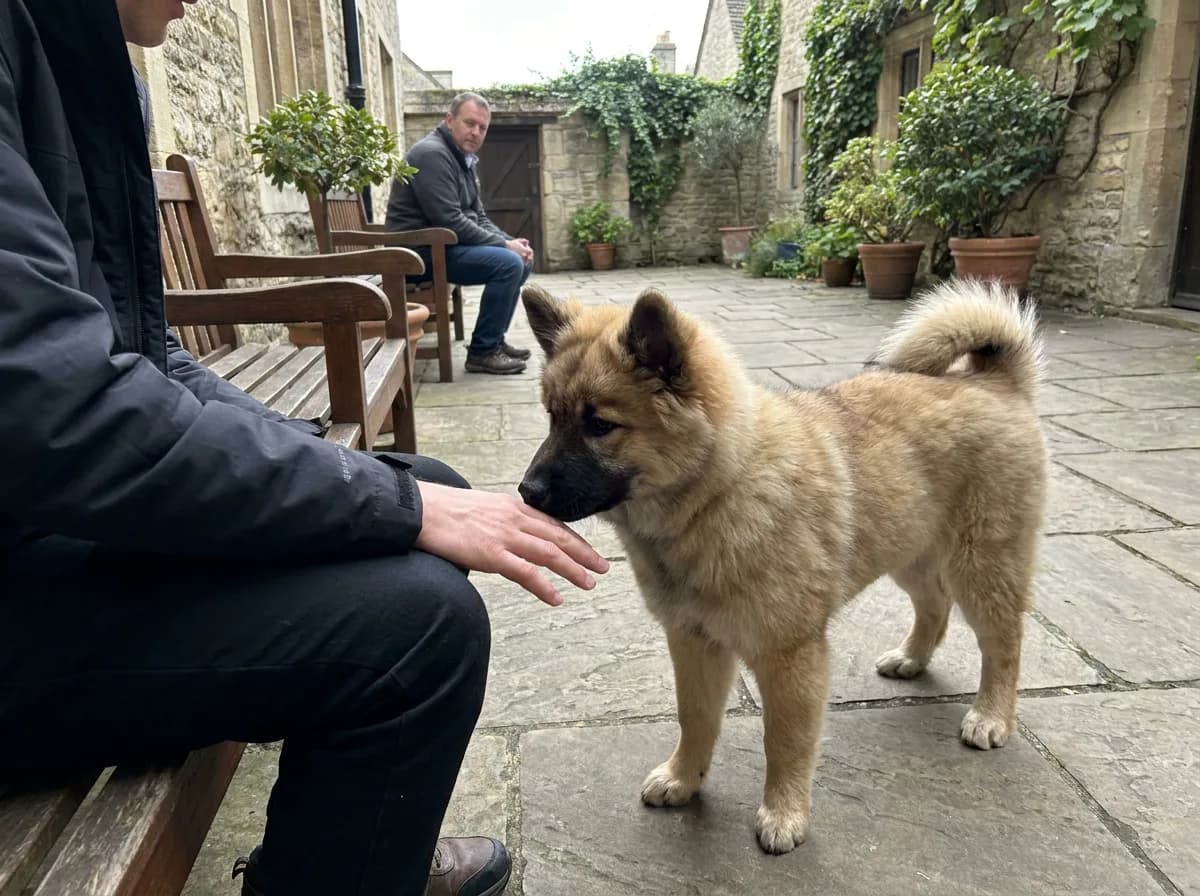 Eurasier puppy greeting an adult’s outstretched hand