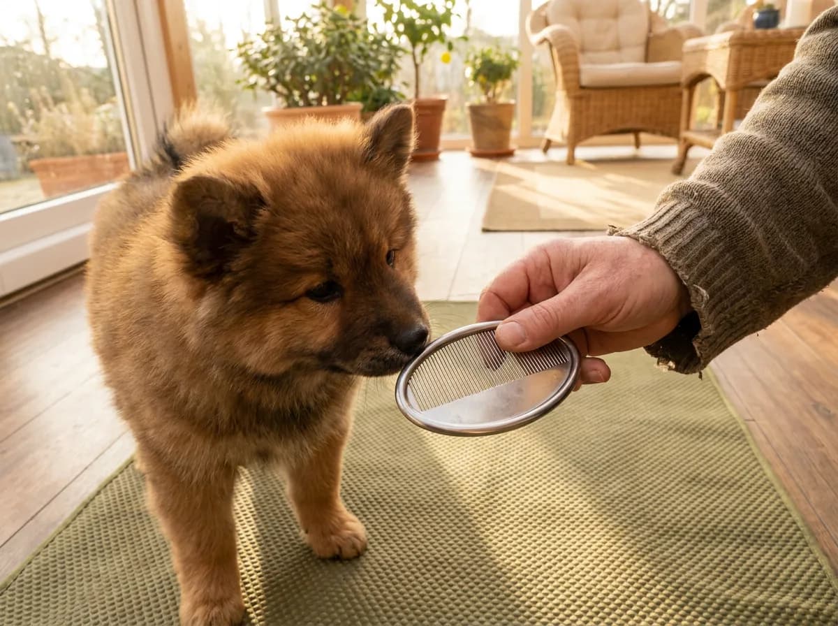 Red Eurasier puppy sniffing a grooming comb