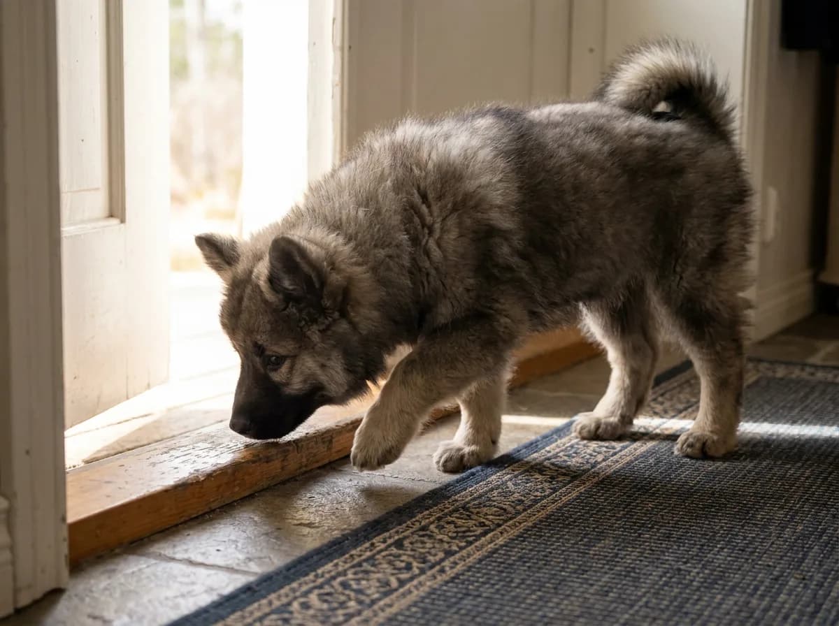 Gray sable Eurasier puppy investigating a doorway