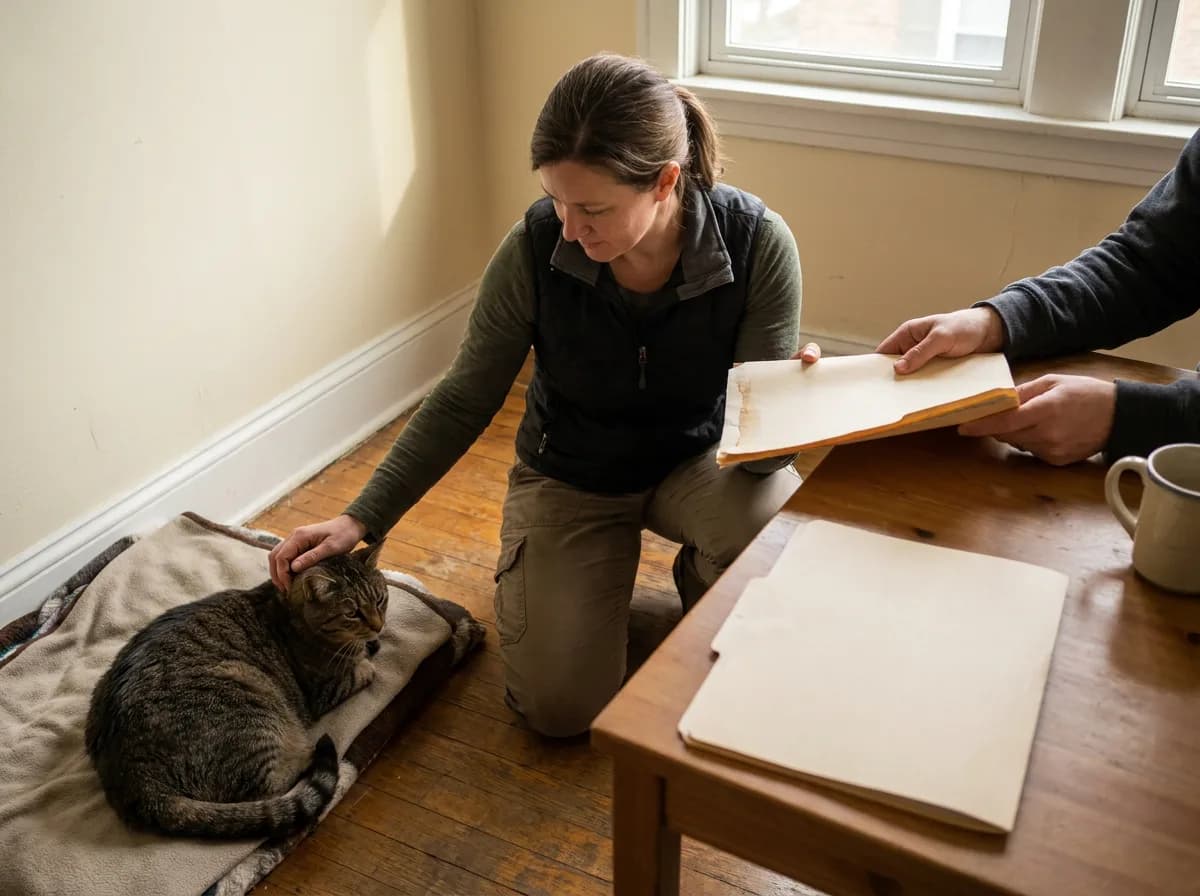 Woman meeting a resting tabby cat while another adult holds a records folder.
