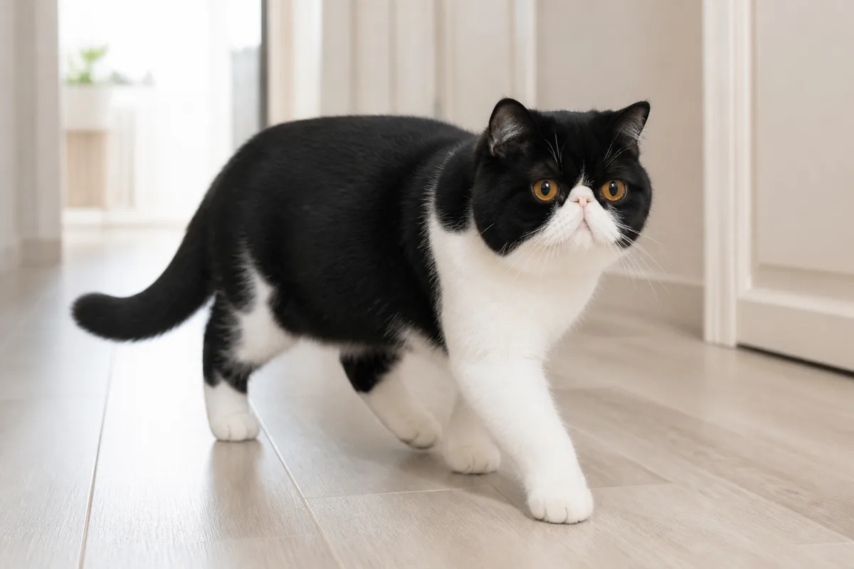 Black-and-white bicolor Exotic Shorthair walking naturally across a light floor