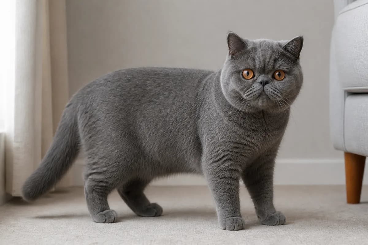Blue Exotic Shorthair with an even gray-blue short dense coat and copper eyes