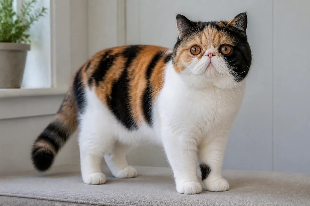 Calico Exotic Shorthair showing distinct black, red, and white patches in neutral daylight
