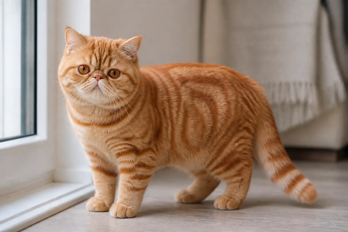 Orange tabby Exotic Shorthair in neutral daylight with facial structure and stripes visible