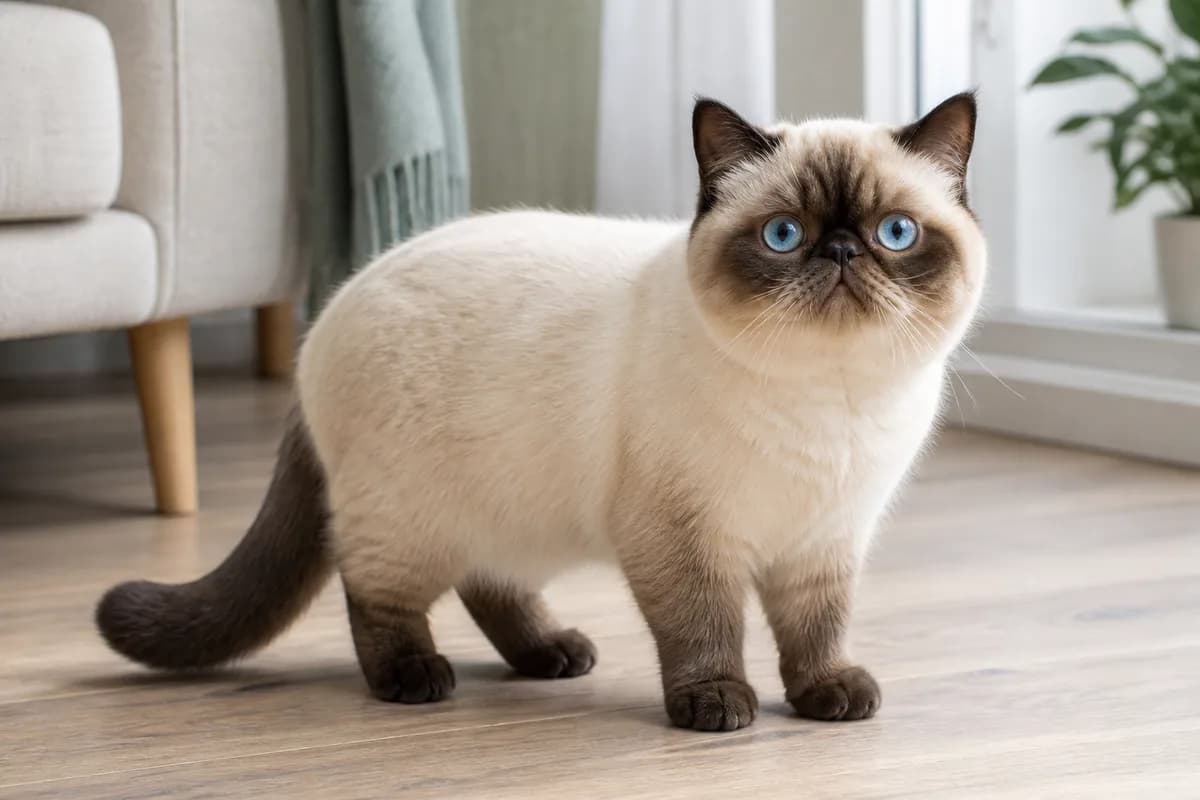 Pointed Exotic Shorthair with a pale body, darker face and ears, and blue eyes in natural light
