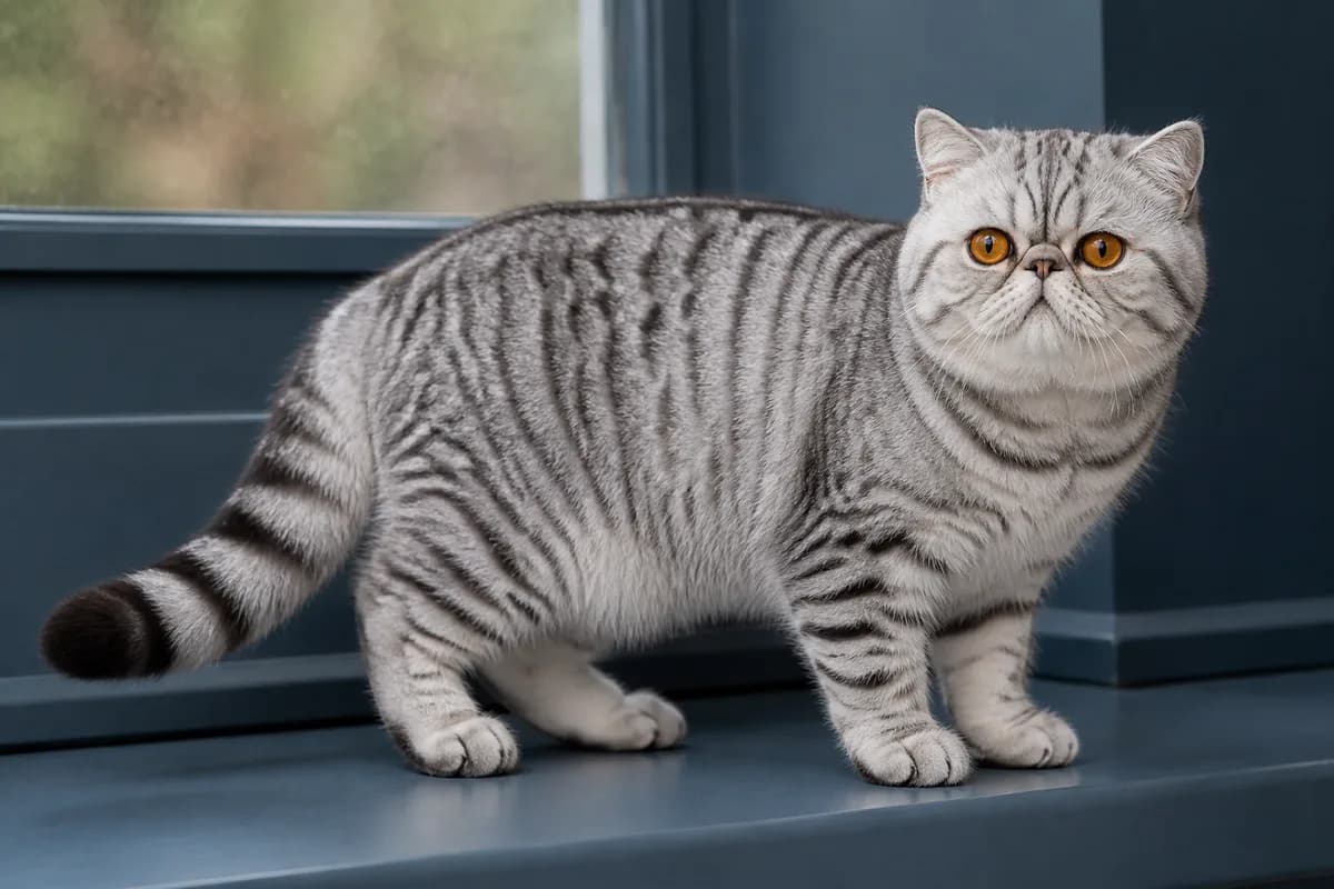 Silver tabby Exotic Shorthair with clear dark markings over a pale silver ground