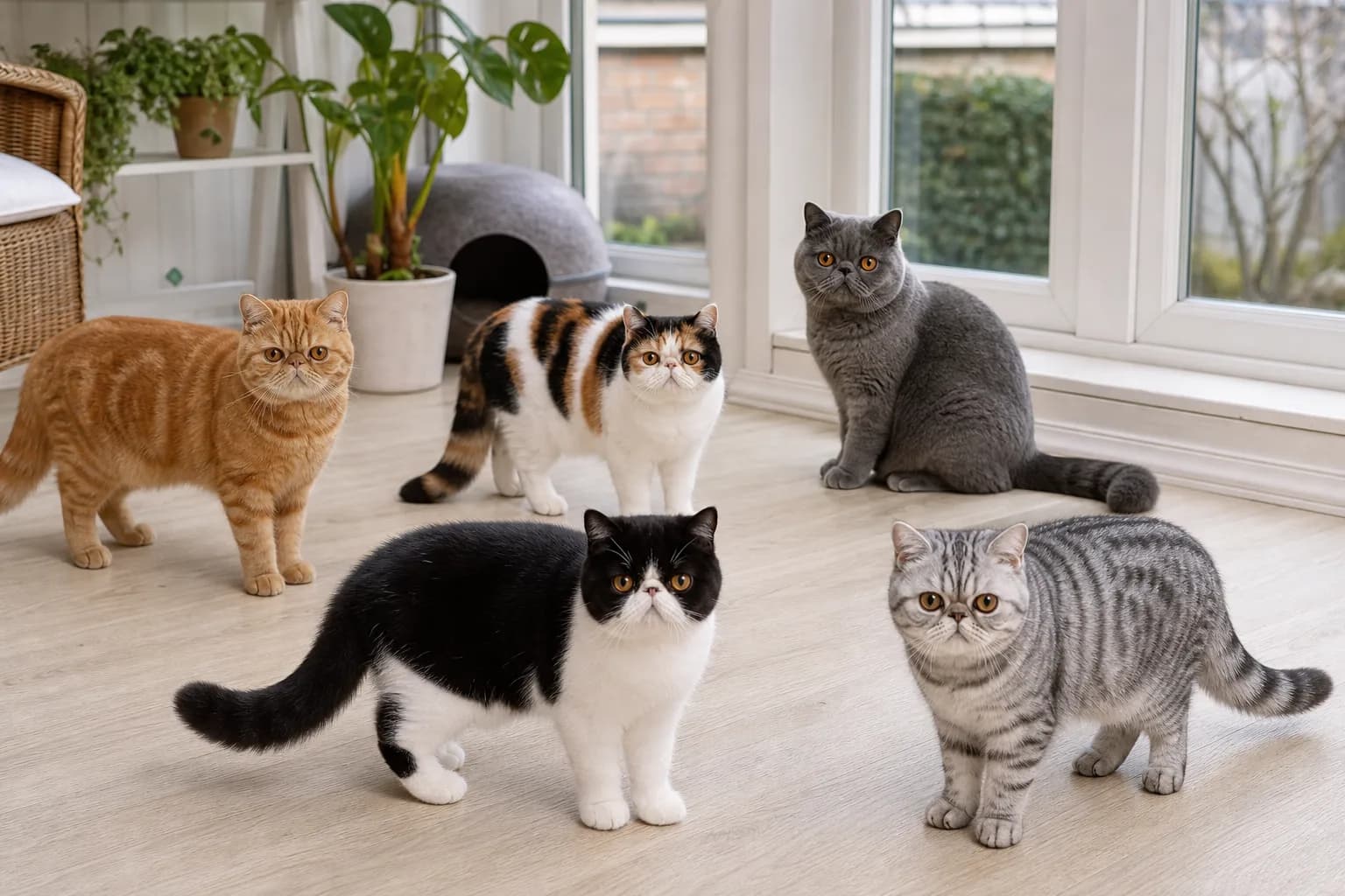Group of Exotic Shorthairs in orange tabby, calico, blue, black-and-white, and silver coats in a bright studio