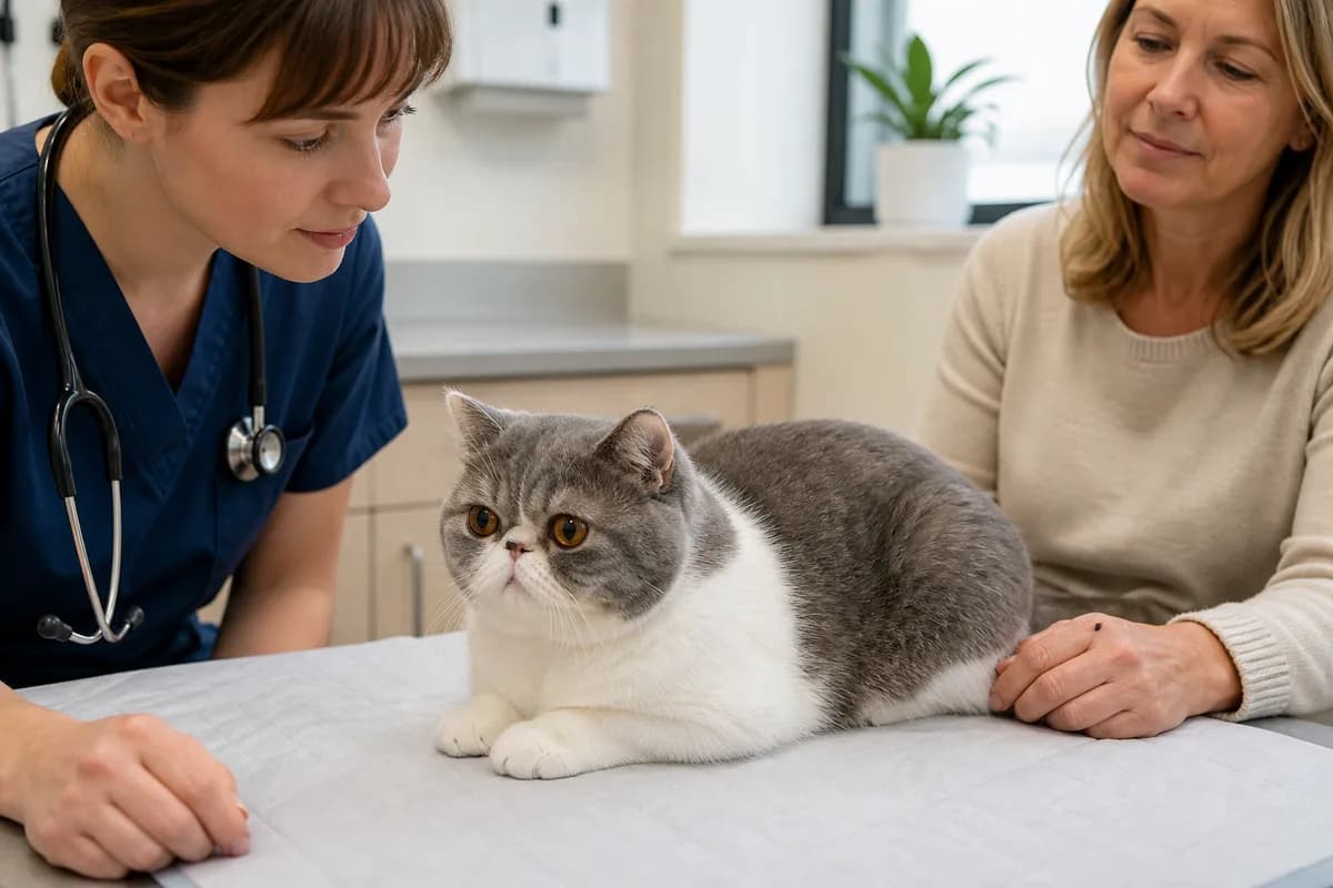 Veterinarian observing an Exotic Shorthair resting comfortably without staged respiratory distress