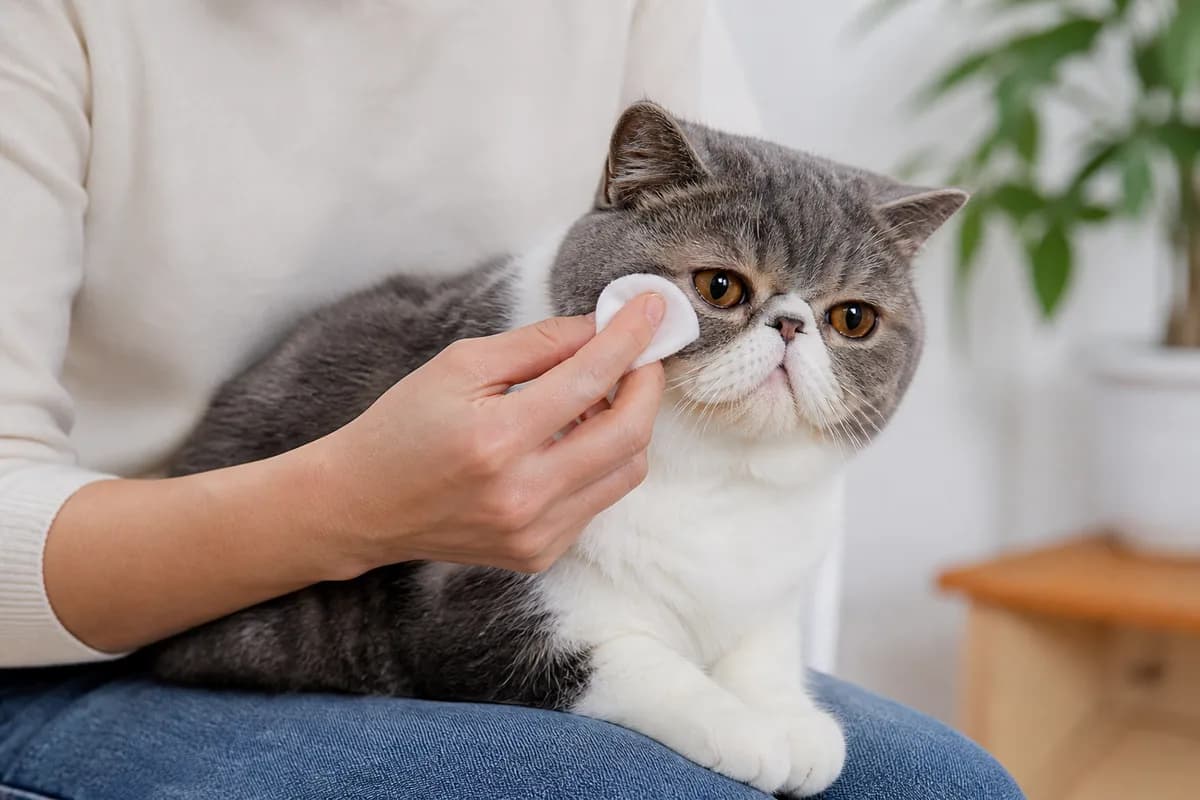 Owner gently cleaning fur below an Exotic Shorthair eye with a soft damp pad