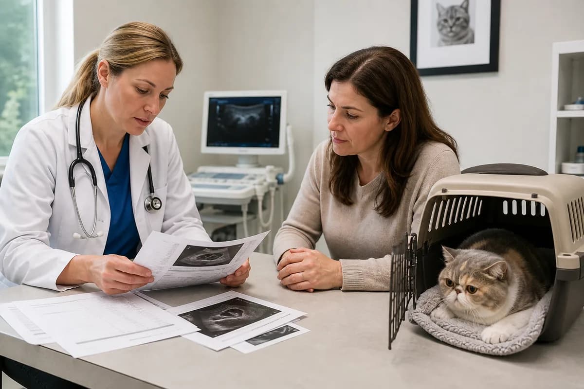 Veterinarian reviewing kidney screening records and ultrasound notes with an owner while private details are obscured