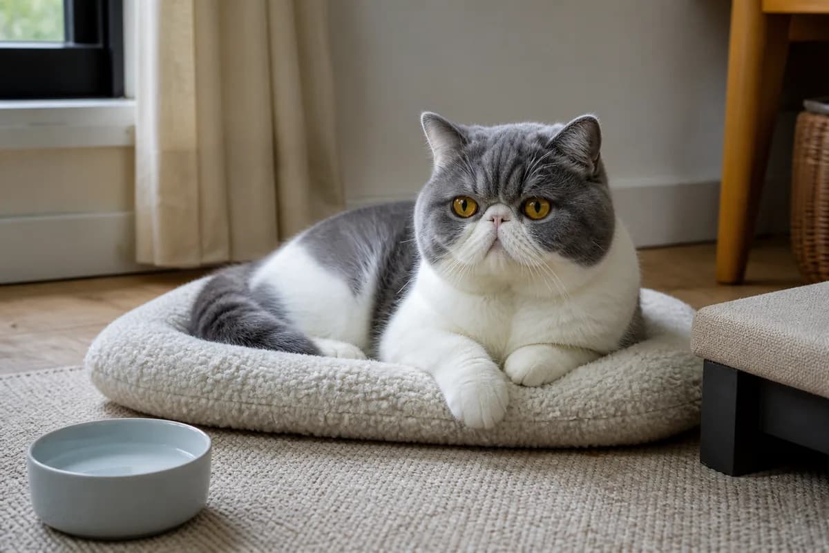 Senior Exotic Shorthair resting in a cool accessible room with a low bed and nearby water