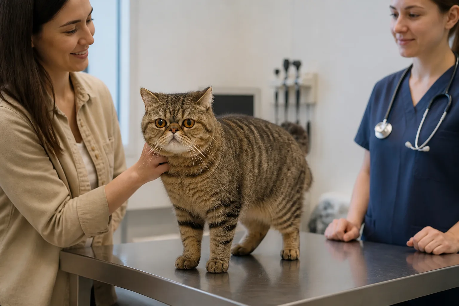 Adult Exotic Shorthair with a balanced muzzle calmly standing on a veterinary examination table with the owner present