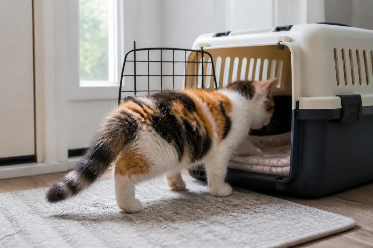 Exotic Shorthair kitten entering a well-ventilated carrier voluntarily in a quiet room