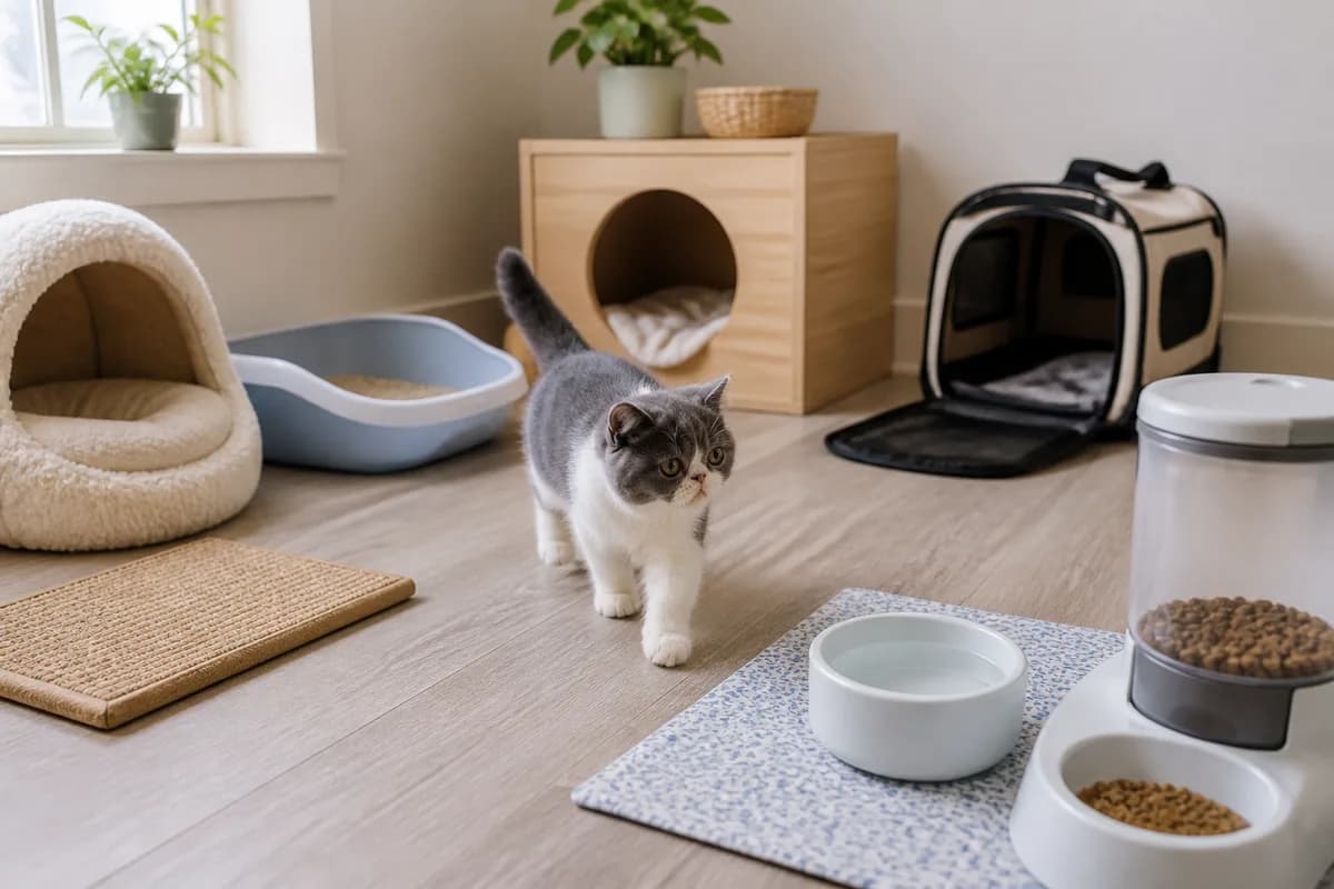 Quiet kitten room arranged with measured feeder, water, litter box, low covered bed, open carrier, and hiding choice