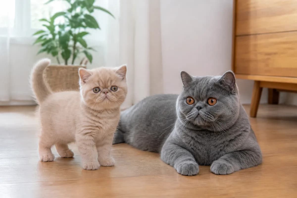 Healthy Exotic Shorthair kitten standing in the same room as a relaxed adult parent with a balanced muzzle