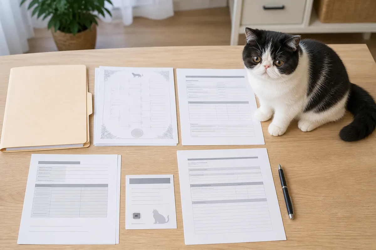 Pedigree, veterinary records, PKD screening report, and purchase contract arranged for verification with personal details obscured