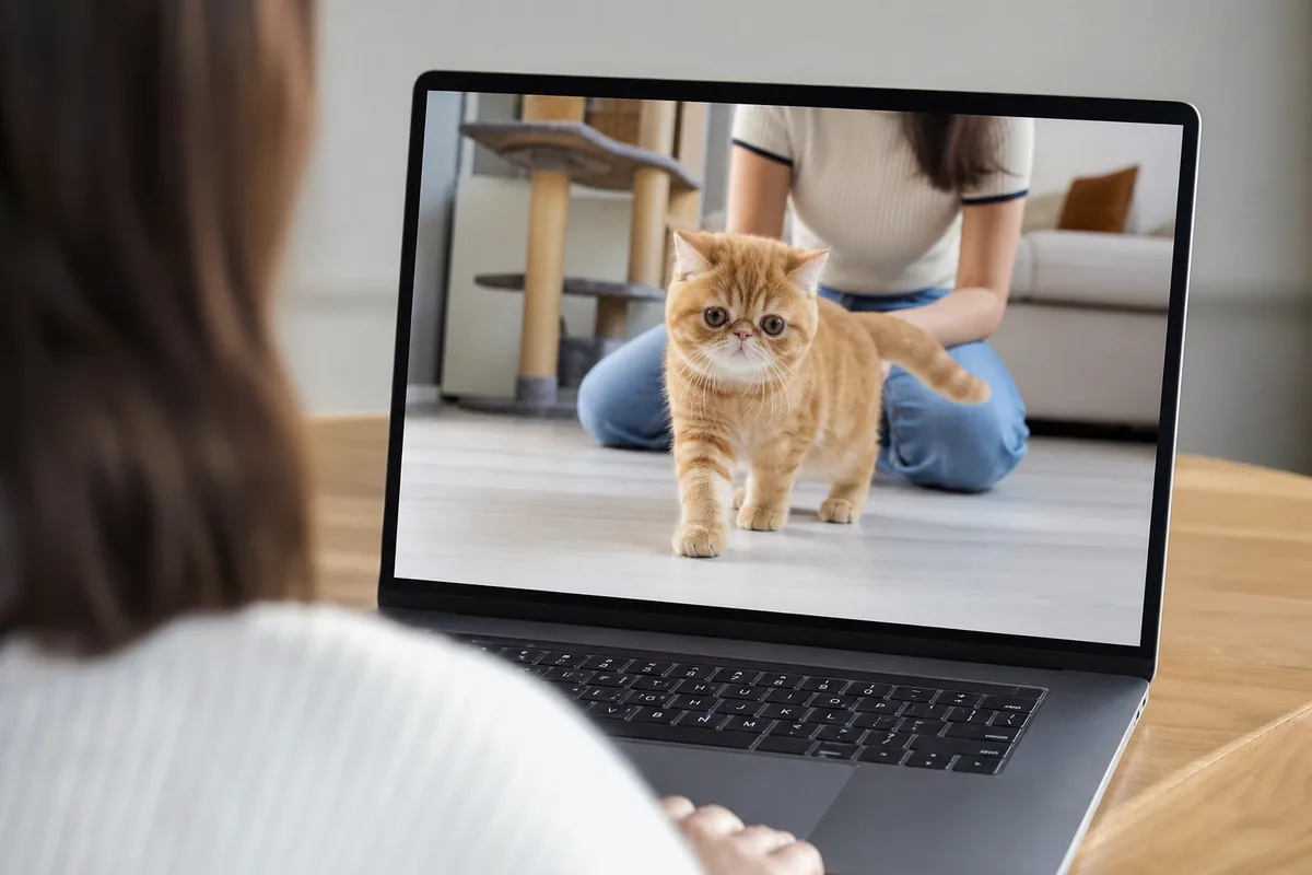 Live video call showing an Exotic Shorthair kitten walking and breathing quietly with the seller visible and private details obscured