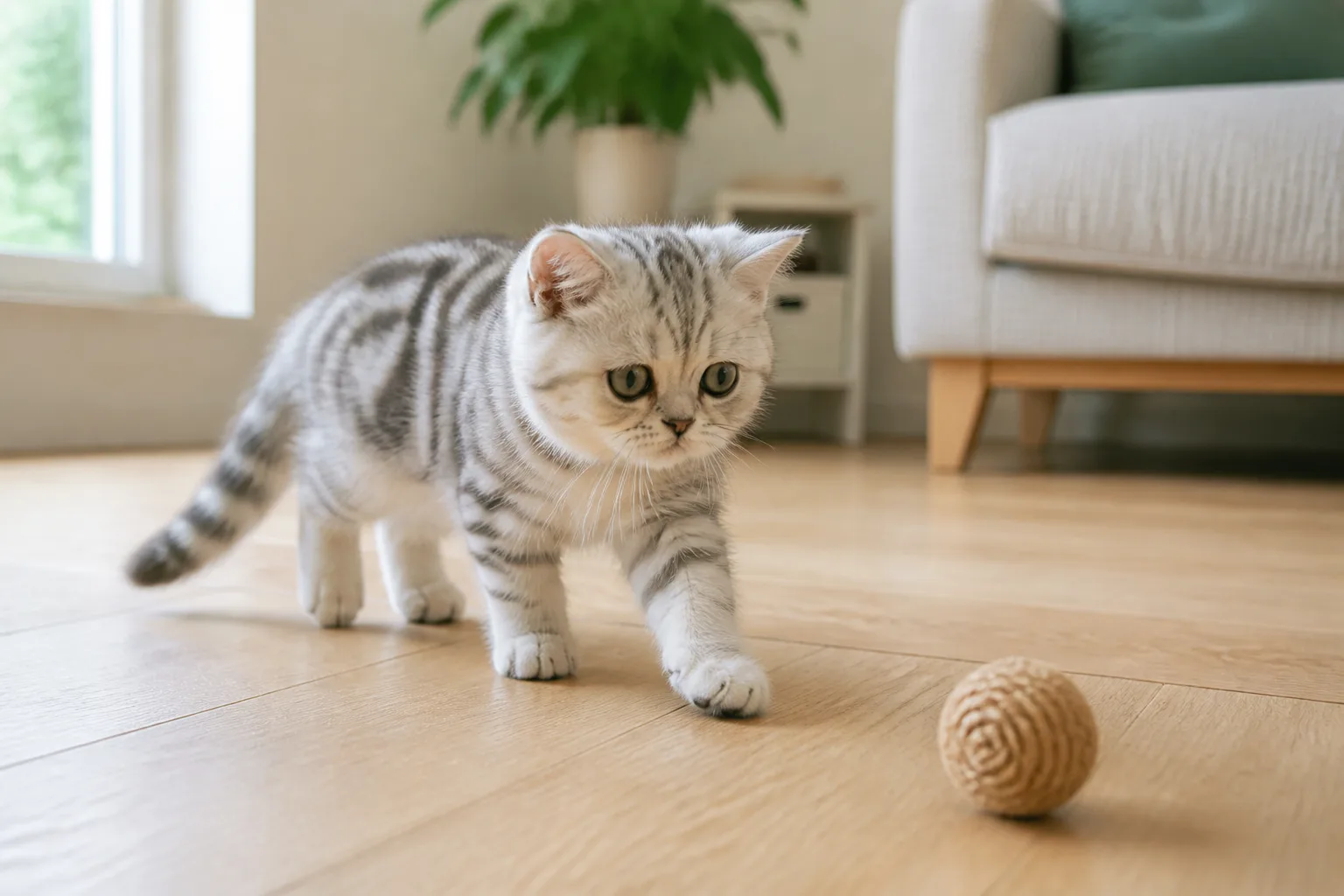 Healthy Exotic Shorthair kitten with open nostrils and a balanced muzzle exploring a clean home environment