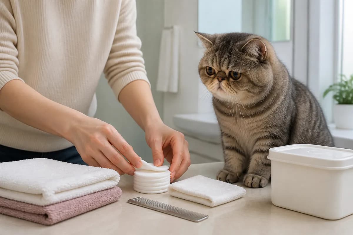 Owner organizing soft eye-area pads, a comb, and routine cat supplies without medical claims