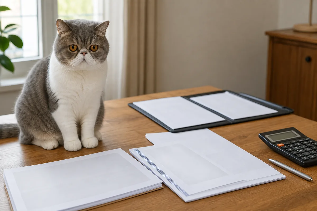 Written quote, pedigree, health records, and contract organized with private details obscured