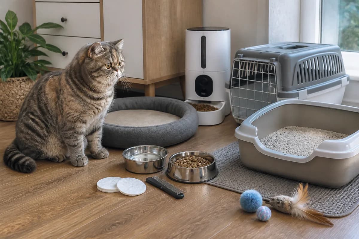 Automatic feeder, carrier, litter setup, bed, and grooming supplies grouped as startup costs