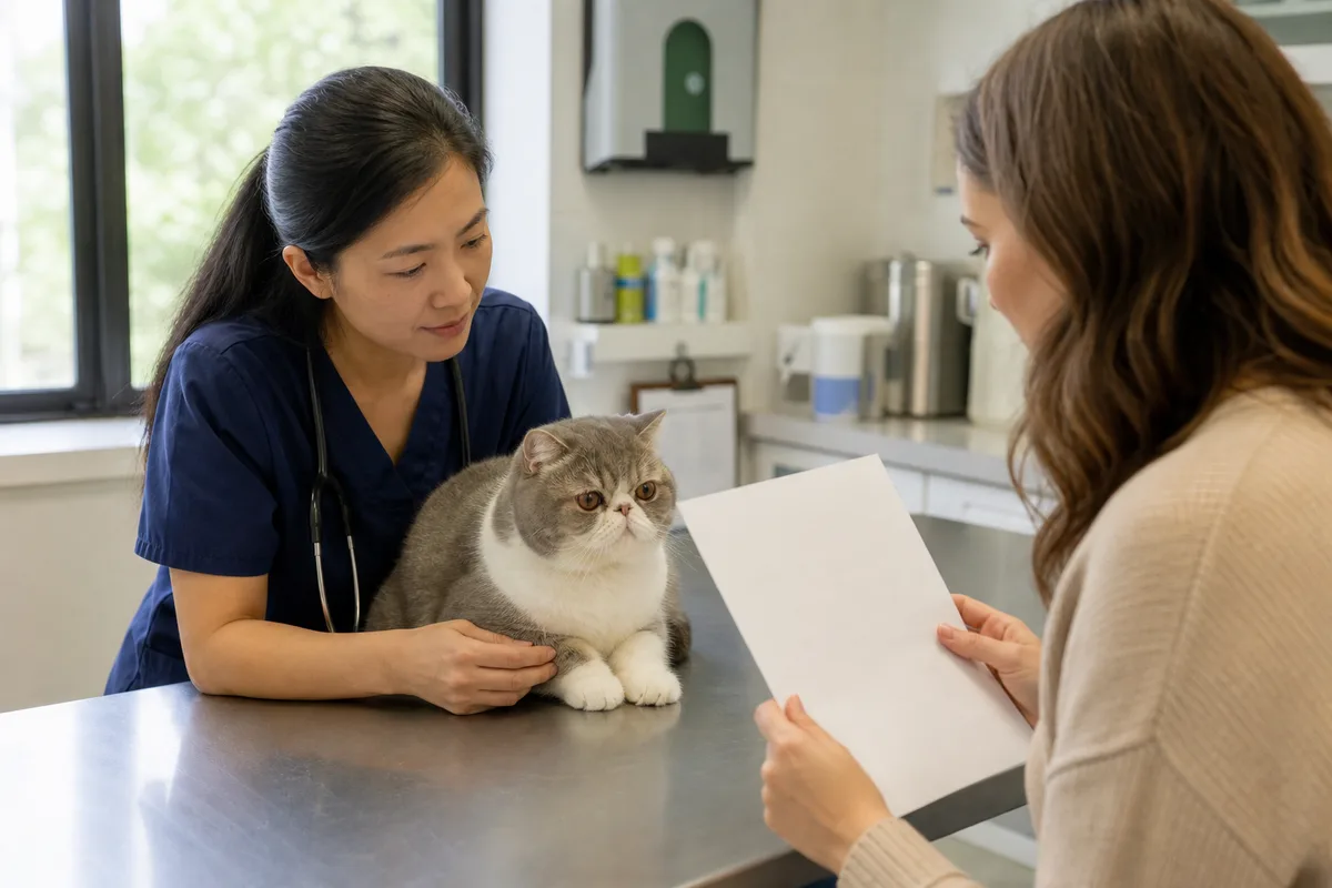 Exotic Shorthair at a preventive examination while the owner reviews a written estimate